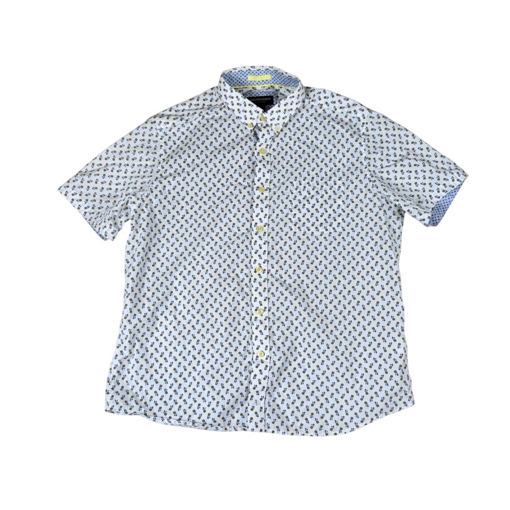 Johnston & Murphy Mens L White Pineapple Print Short Sleeve Button Down Shirt